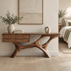 Modern Sculptural Wood Console Table With Built In Drawers For Entryway
