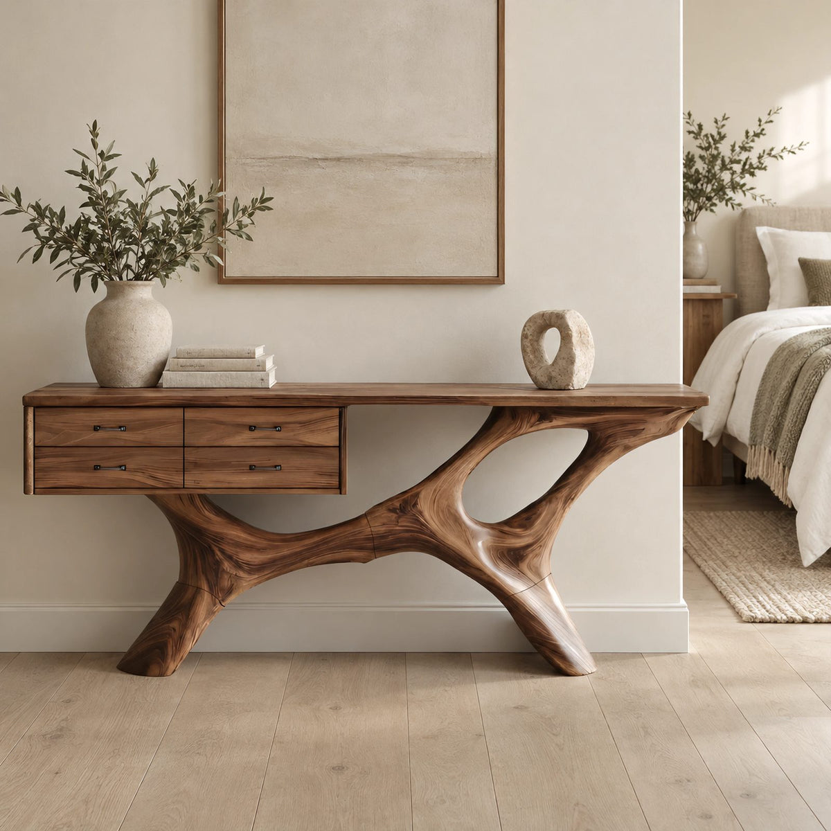 Modern Sculptural Wood Console Table With Built In Drawers For Entryway