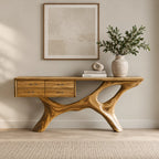 Modern Sculptural Wood Console Table With Built In Drawers For Entryway