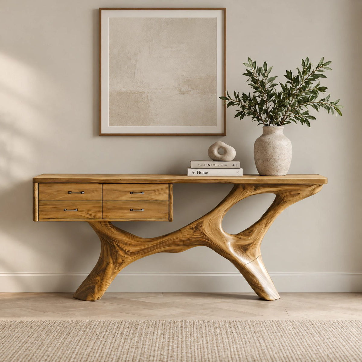Modern Sculptural Wood Console Table With Built In Drawers For Entryway
