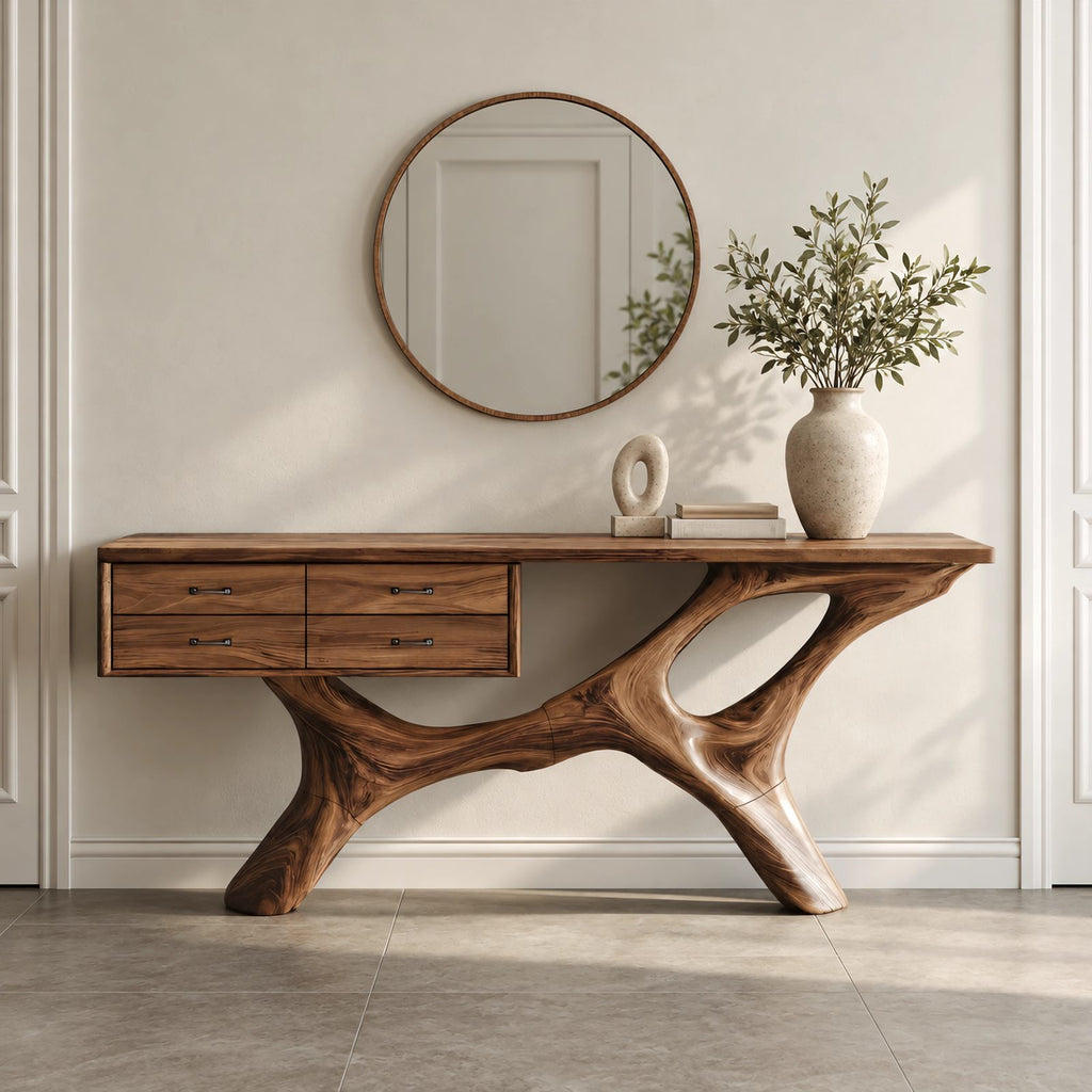 Modern Sculptural Wood Console Table With Built In Drawers For Entryway