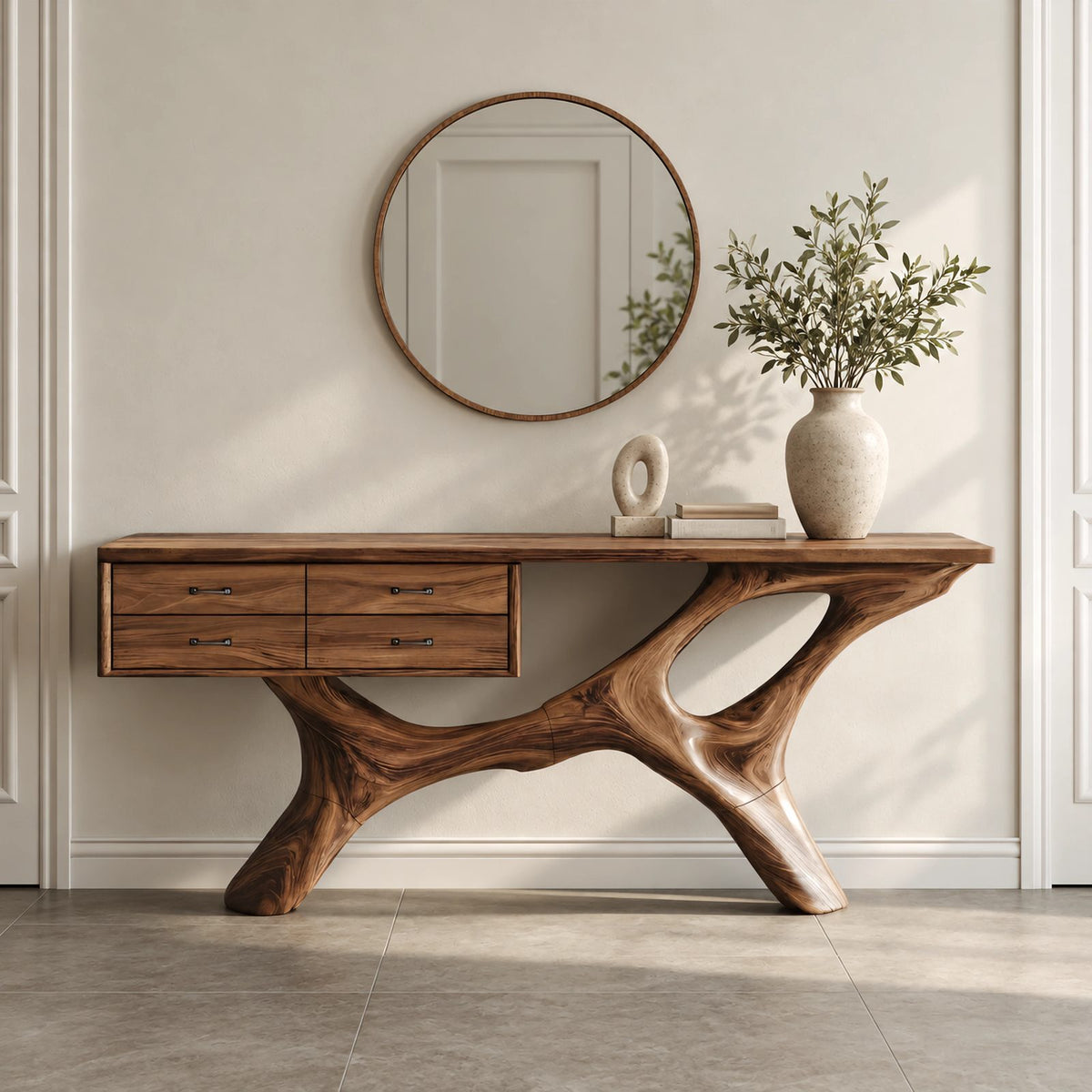 Modern Sculptural Wood Console Table With Built In Drawers For Entryway