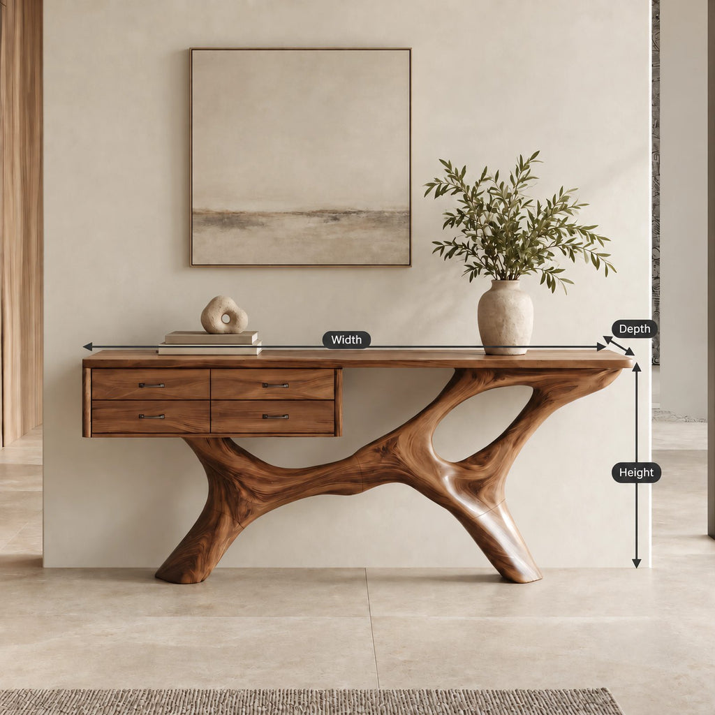 Modern Sculptural Wood Console Table With Built In Drawers For Entryway