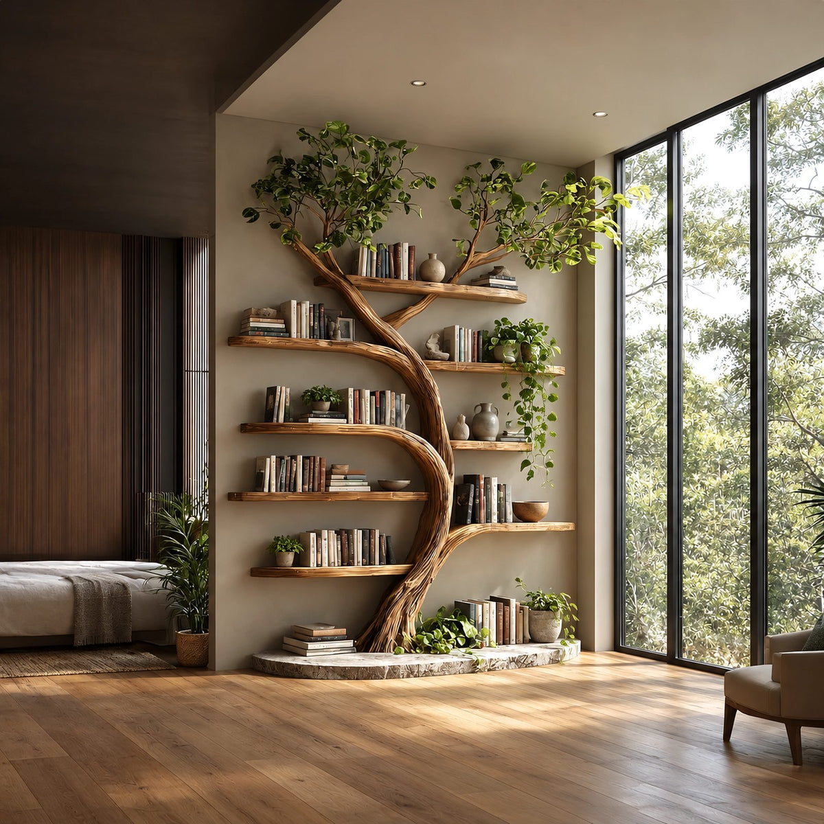 Nature Inspired Tall Tree Bookshelf With Plinth Base For Living Room
