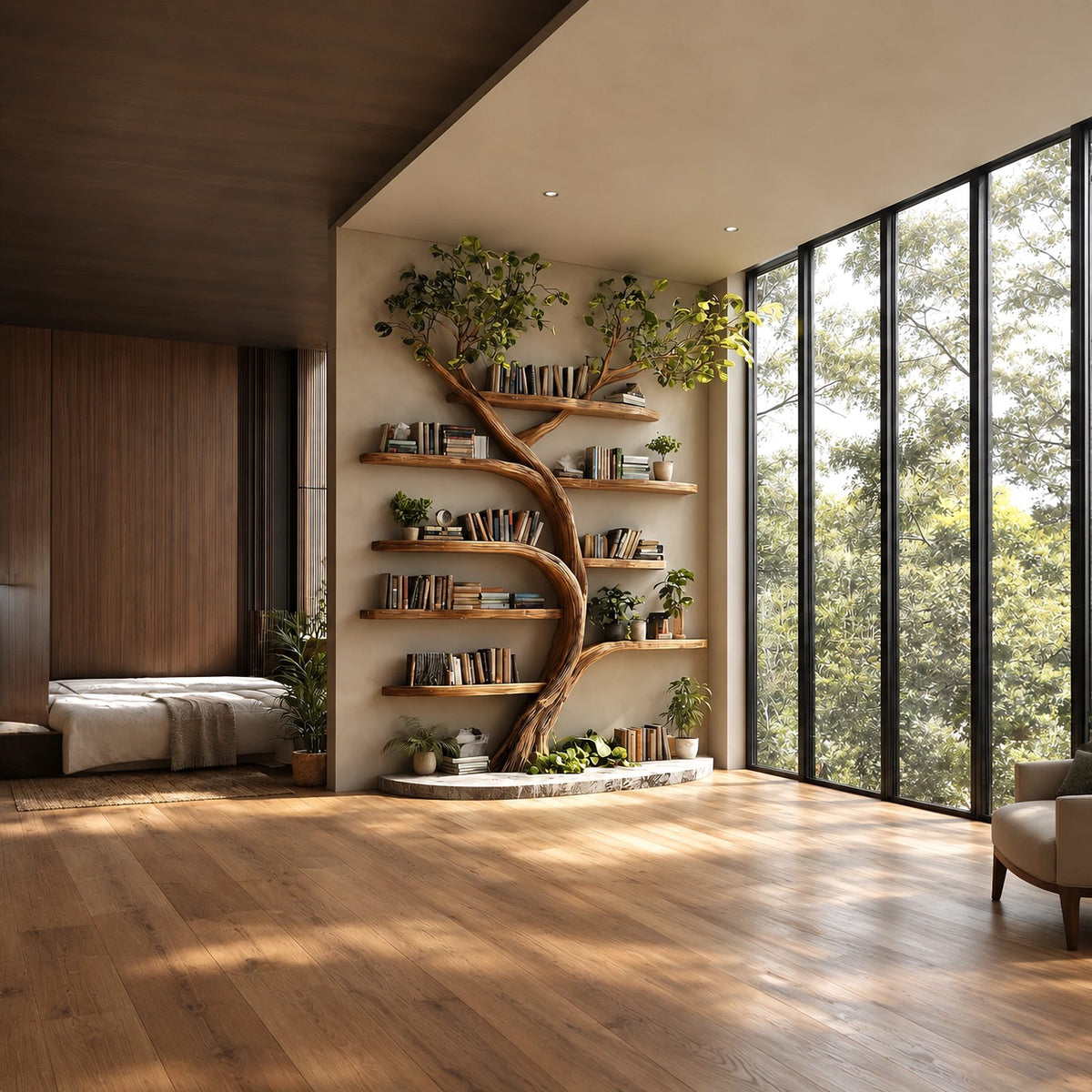 Nature Inspired Tall Tree Bookshelf With Plinth Base For Living Room