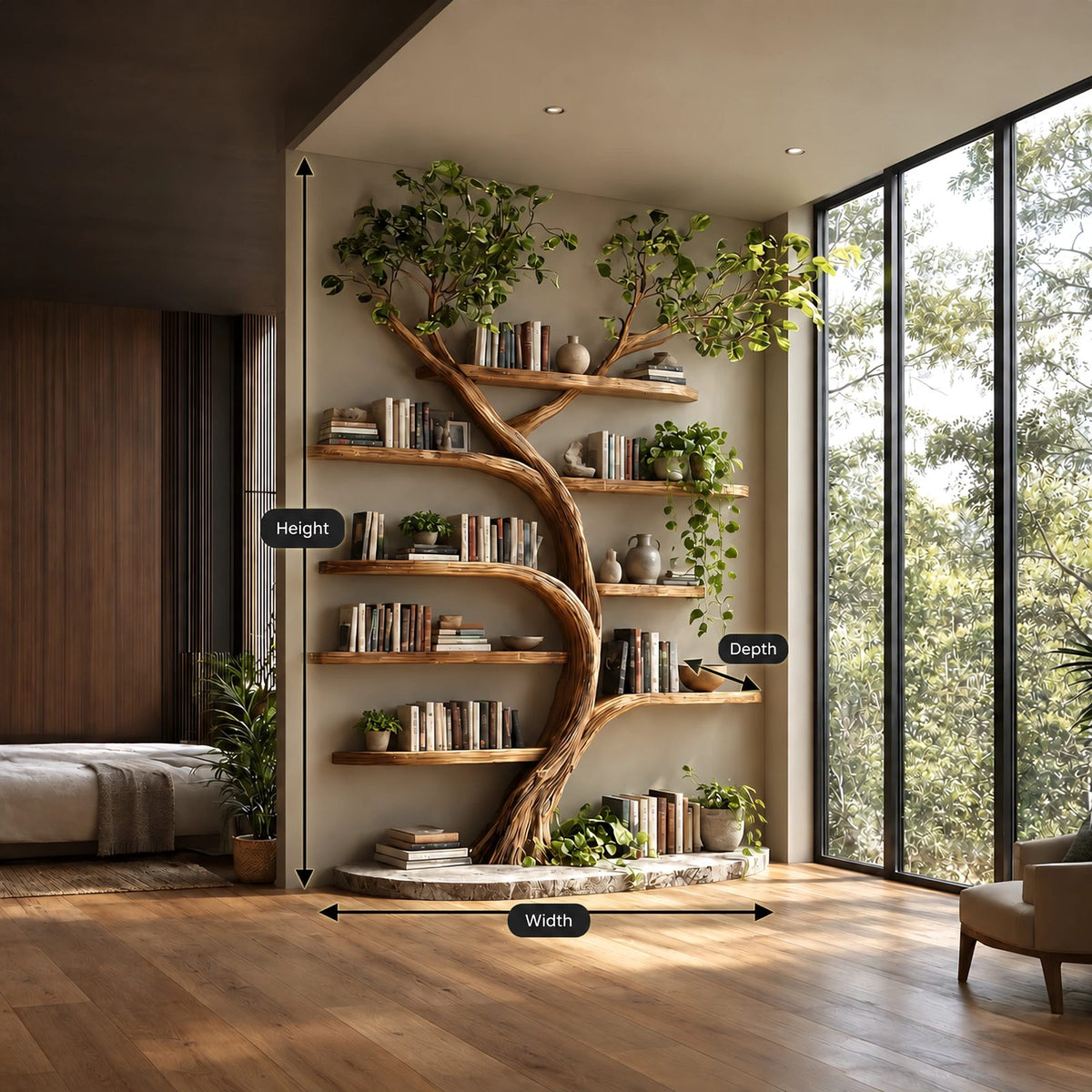 Nature Inspired Tall Tree Bookshelf With Plinth Base For Living Room