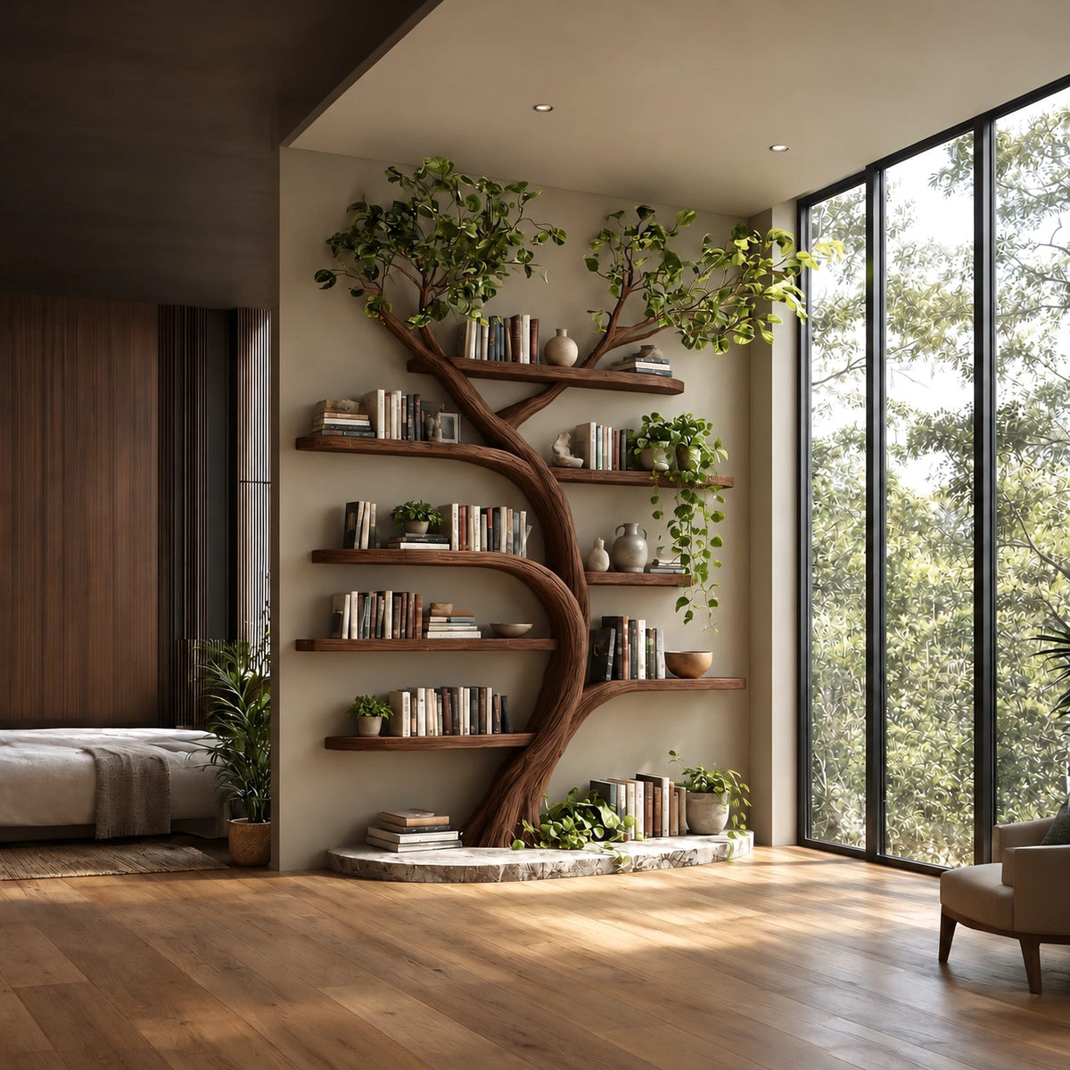 Nature Inspired Tall Tree Bookshelf With Plinth Base For Living Room