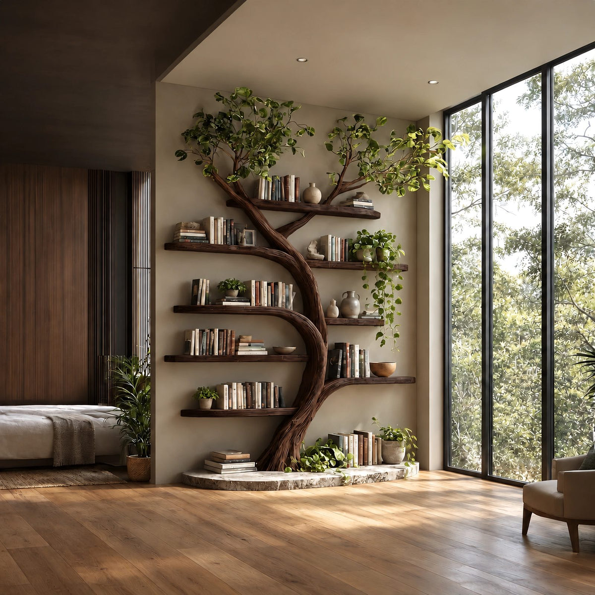 Nature Inspired Tall Tree Bookshelf With Plinth Base For Living Room