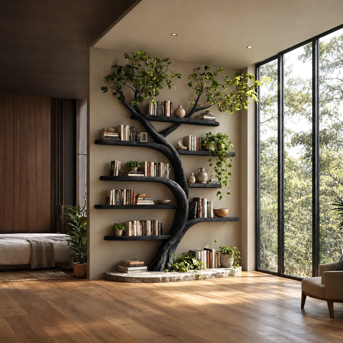 Nature Inspired Tall Tree Bookshelf With Plinth Base For Living Room