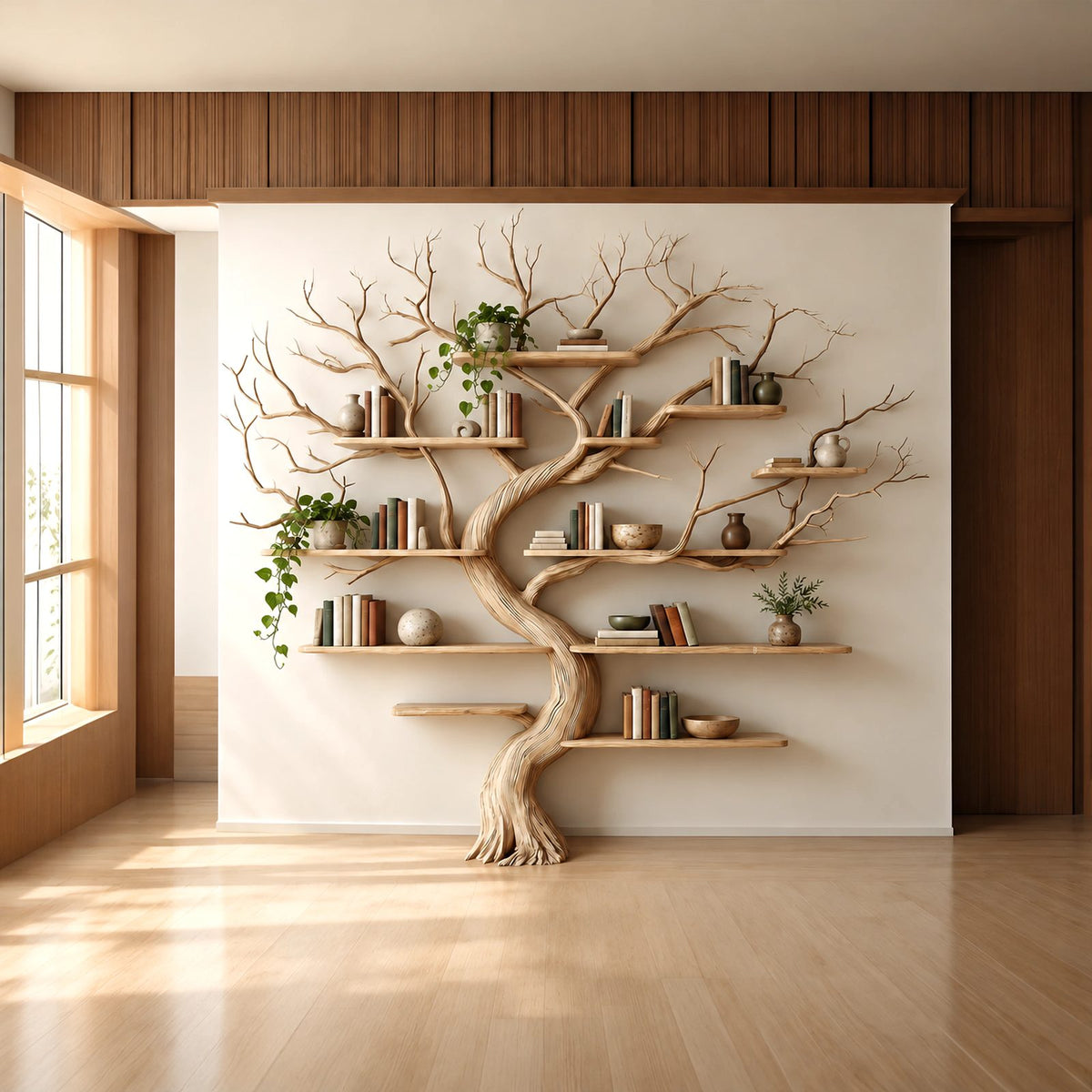 Handcrafted Wall Tree Bookshelf With Spreading Branch Shelves For Bedroom