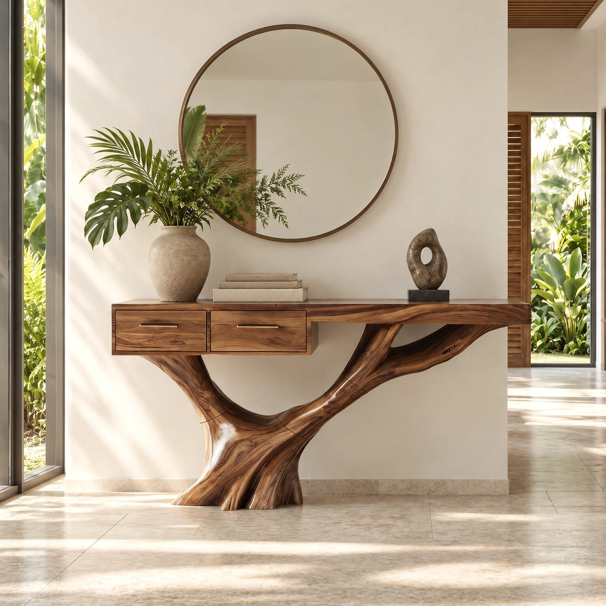 Farmhouse Tree Trunk Console Table With 2 Drawers For Entryway