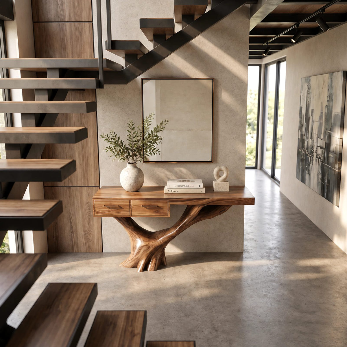 Farmhouse Tree Trunk Console Table With 2 Drawers For Entryway