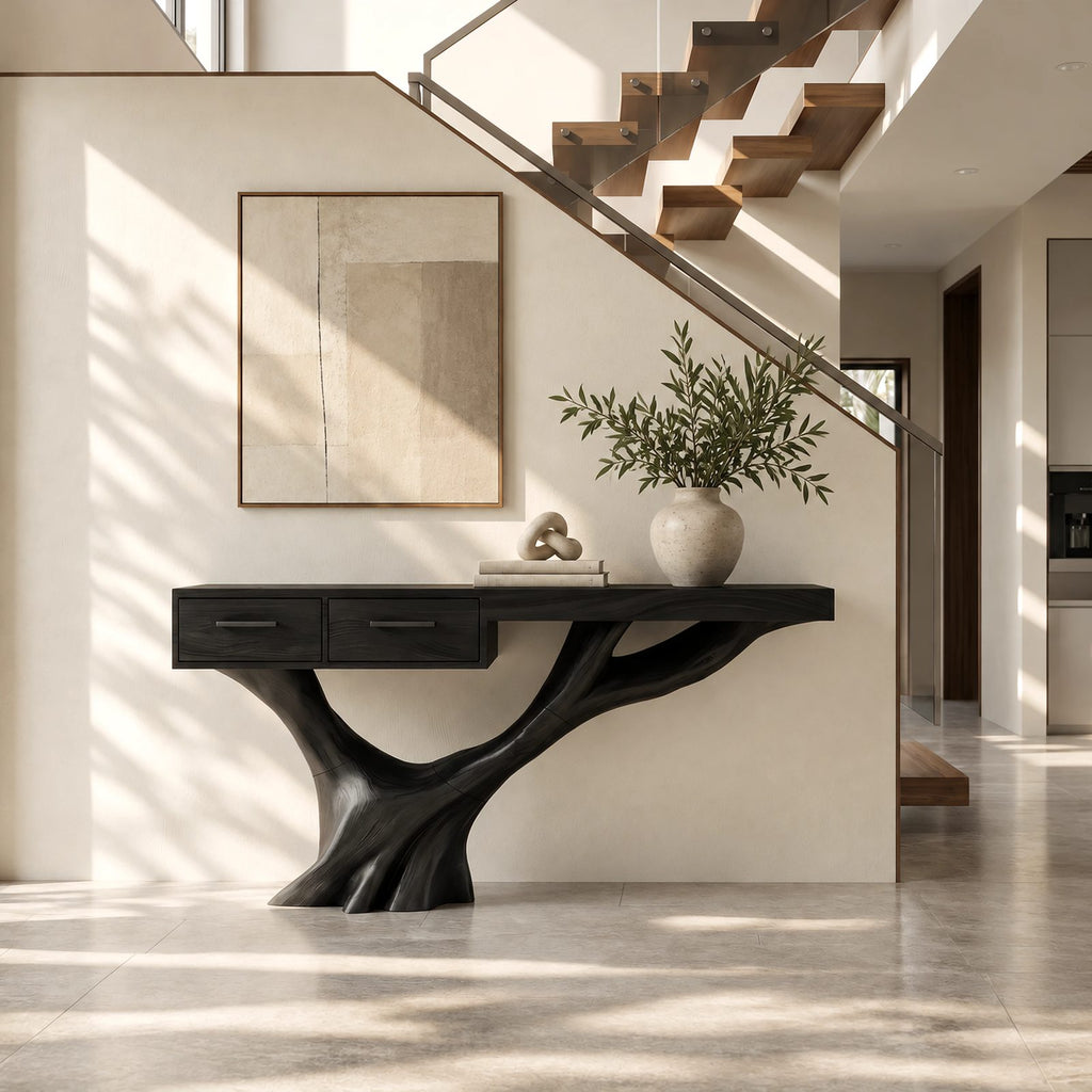 Farmhouse Tree Trunk Console Table With 2 Drawers For Entryway