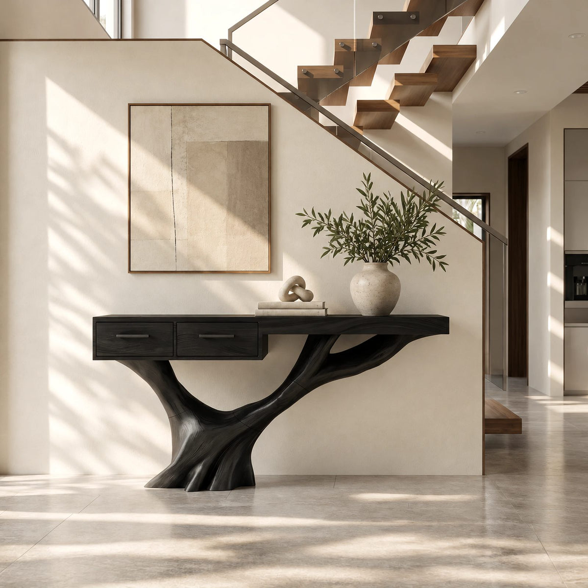 Farmhouse Tree Trunk Console Table With 2 Drawers For Entryway