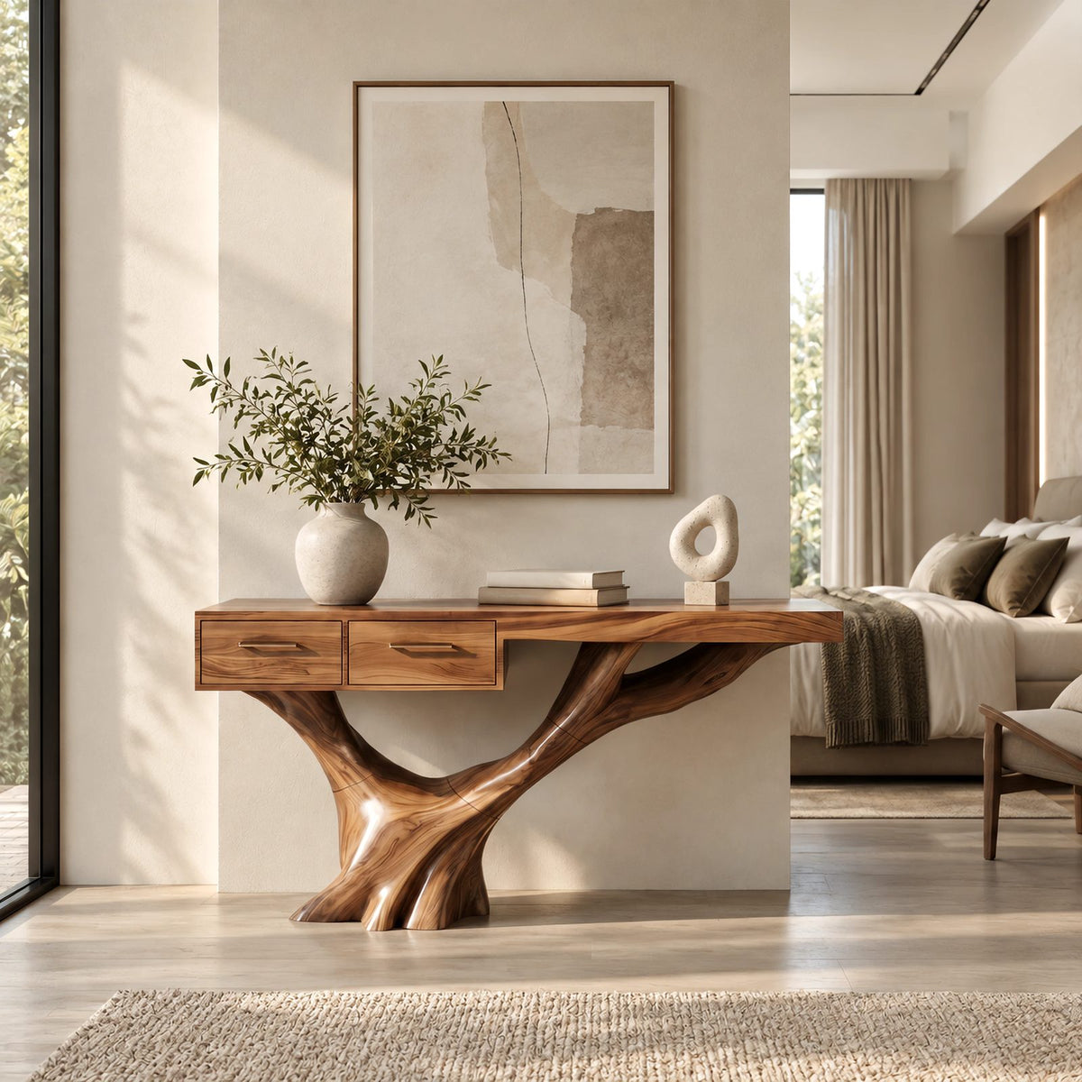 Farmhouse Tree Trunk Console Table With 2 Drawers For Entryway