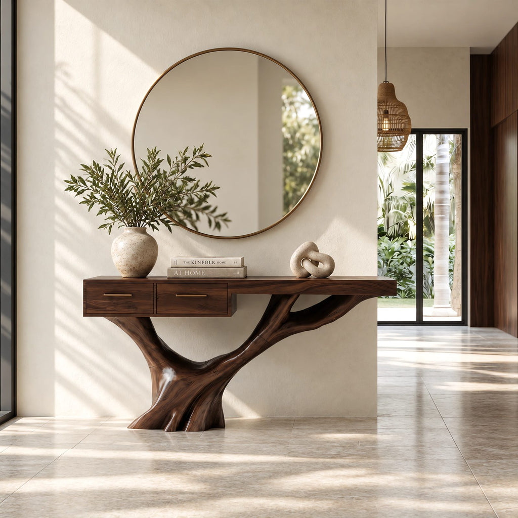 Farmhouse Tree Trunk Console Table With 2 Drawers For Entryway
