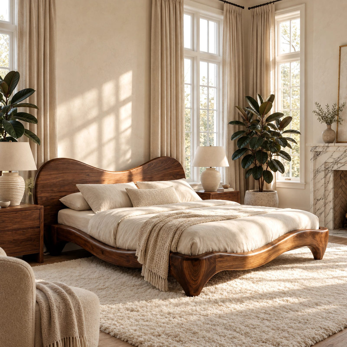 Organic Curved Wooden Bed Frame With Flowing Headboard For Bedroom