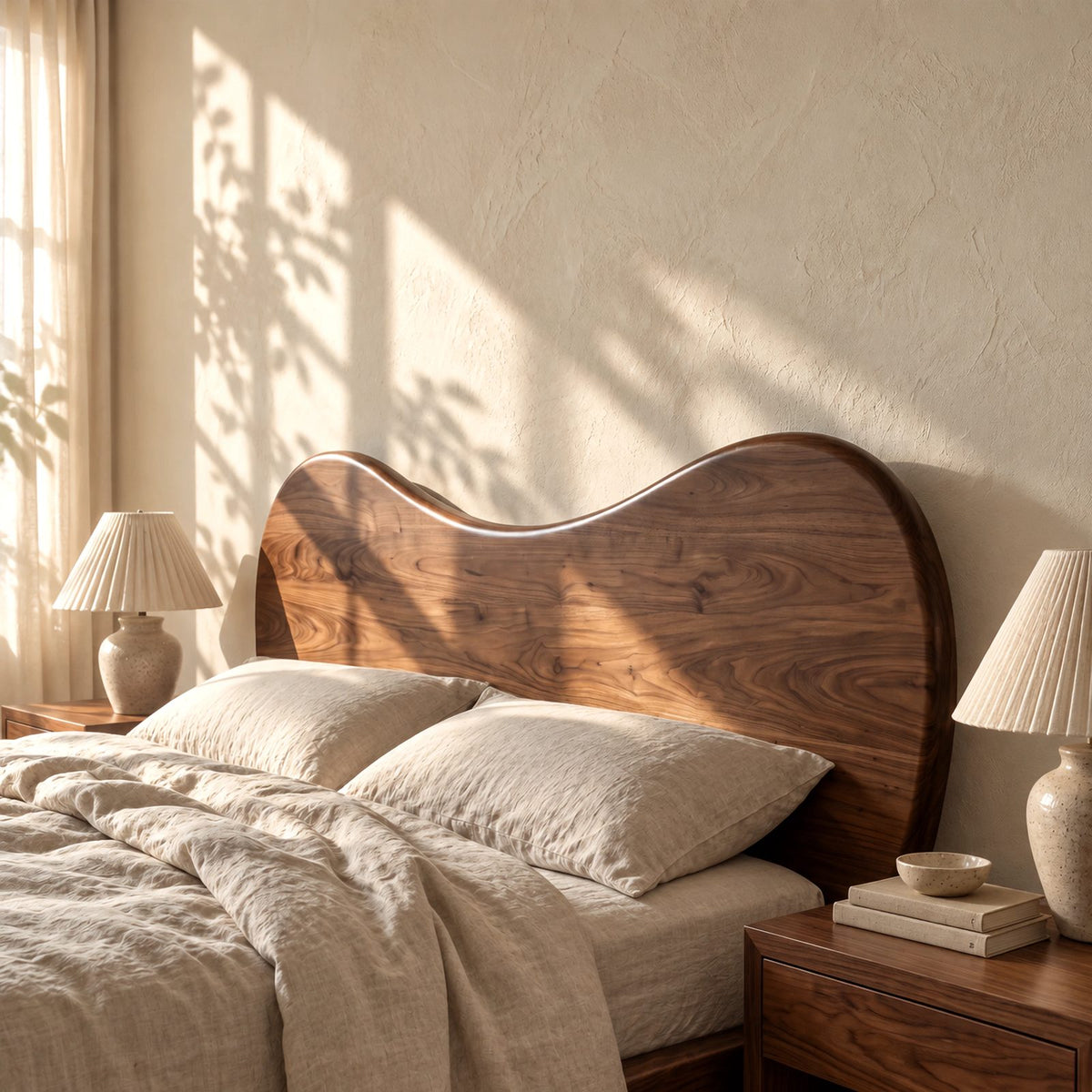 Organic Curved Wooden Bed Frame With Flowing Headboard For Bedroom
