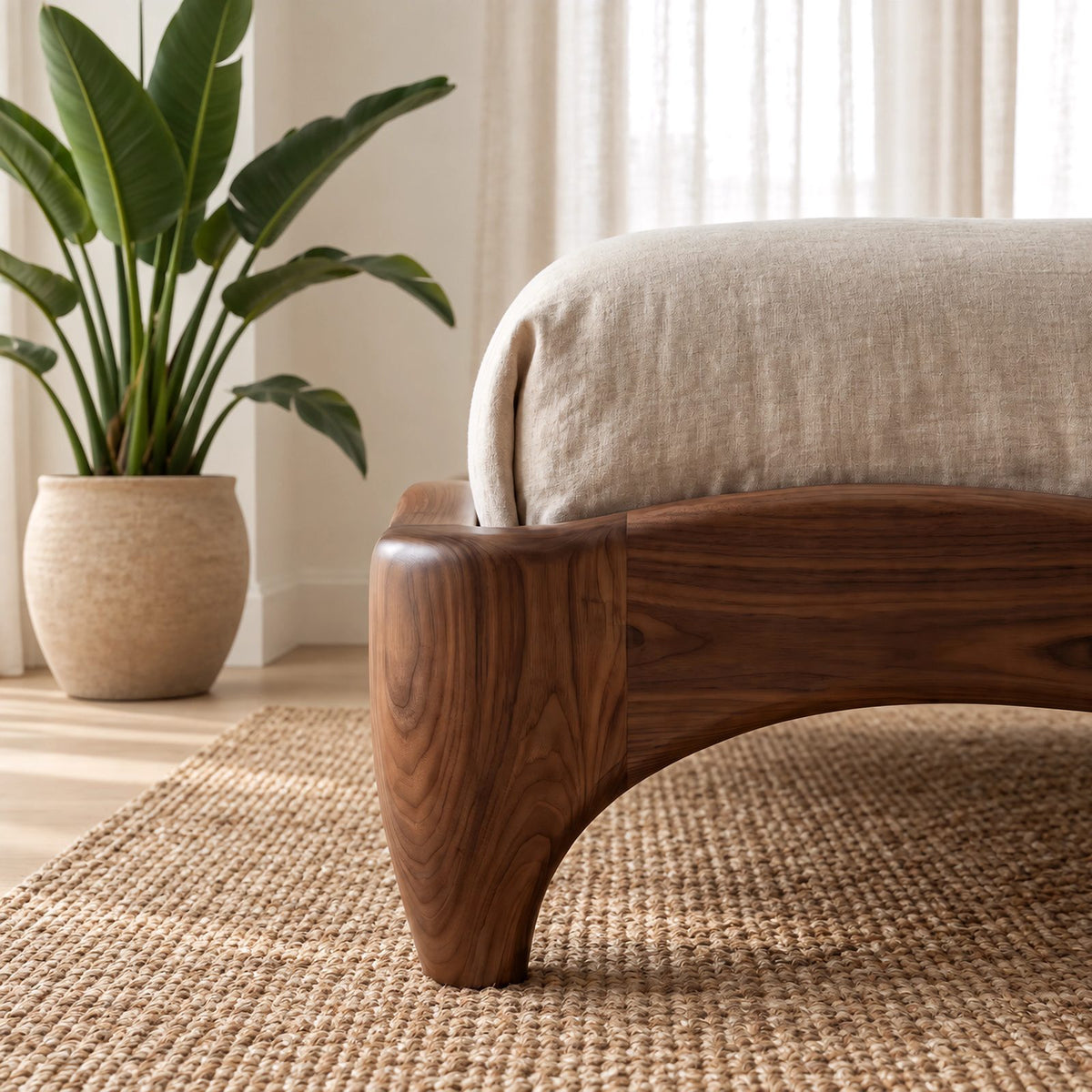 Organic Curved Wooden Bed Frame With Flowing Headboard For Bedroom