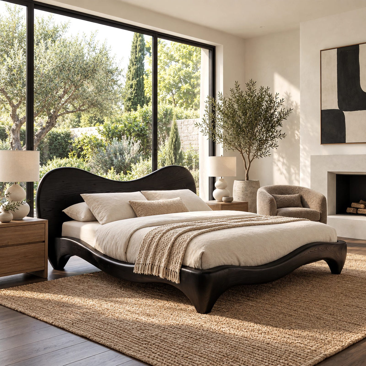 Organic Curved Wooden Bed Frame With Flowing Headboard For Bedroom