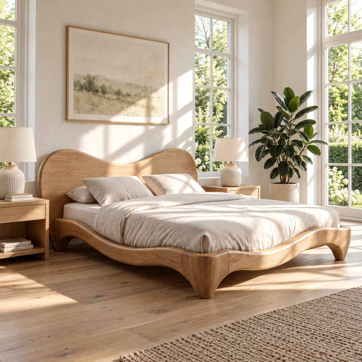 Organic Curved Wooden Bed Frame With Flowing Headboard For Bedroom