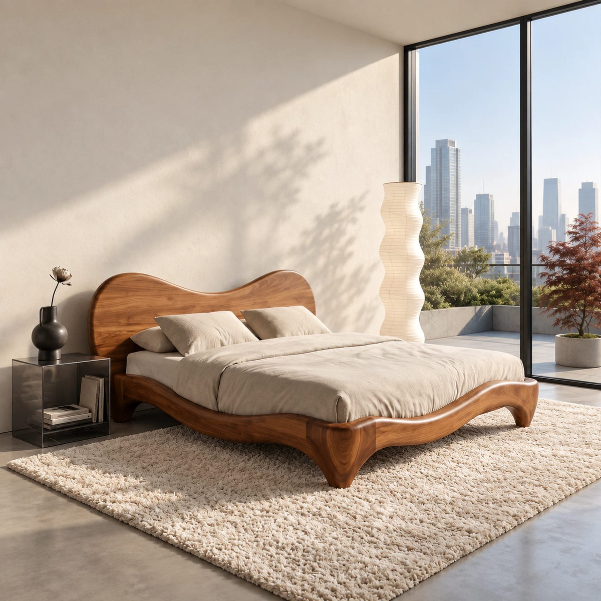 Organic Curved Wooden Bed Frame With Flowing Headboard For Bedroom