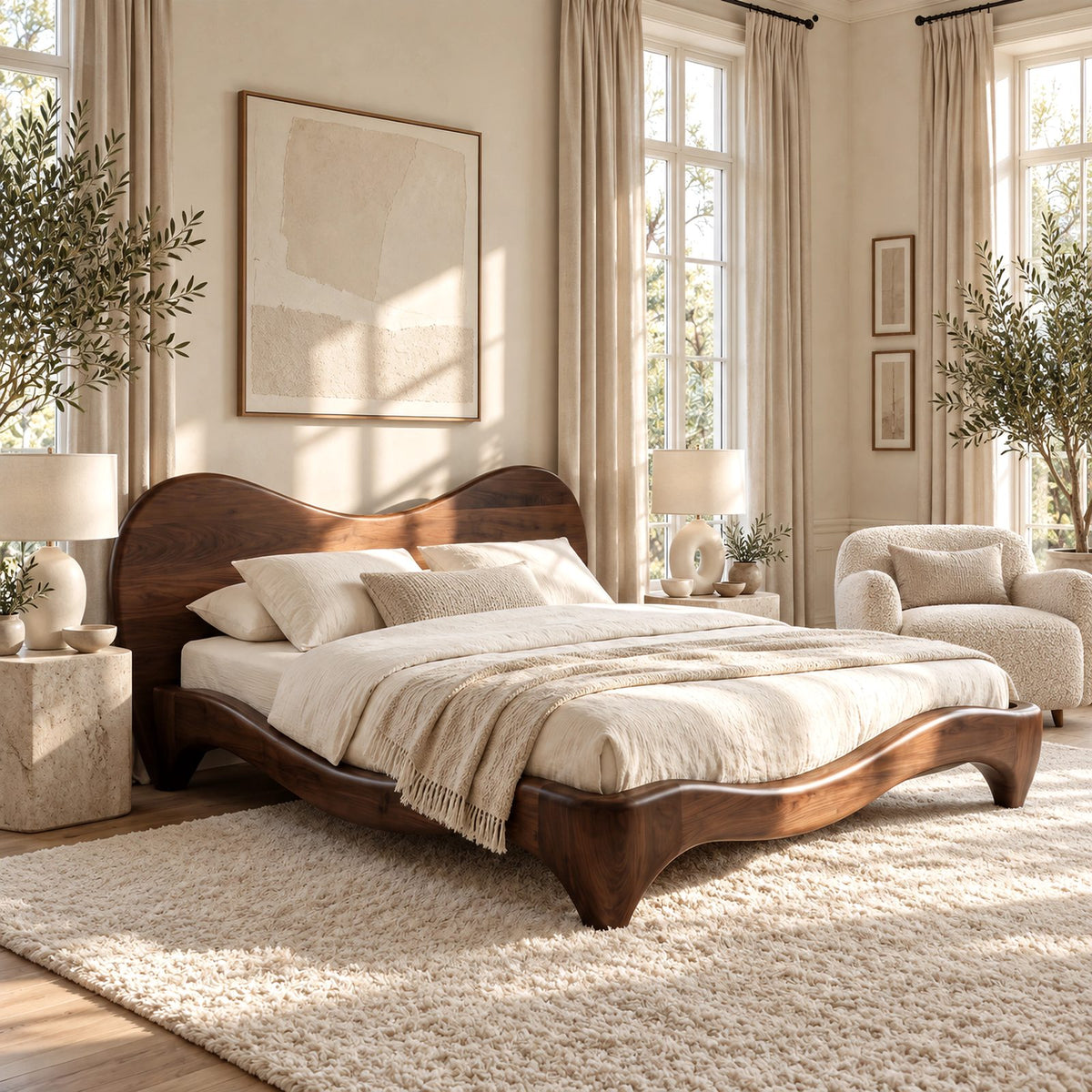 Organic Curved Wooden Bed Frame With Flowing Headboard For Bedroom