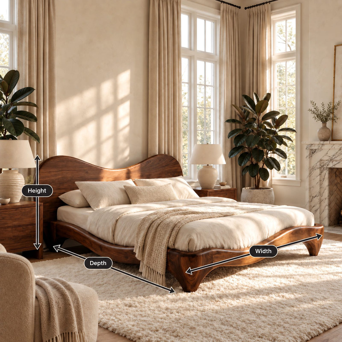 Organic Curved Wooden Bed Frame With Flowing Headboard For Bedroom