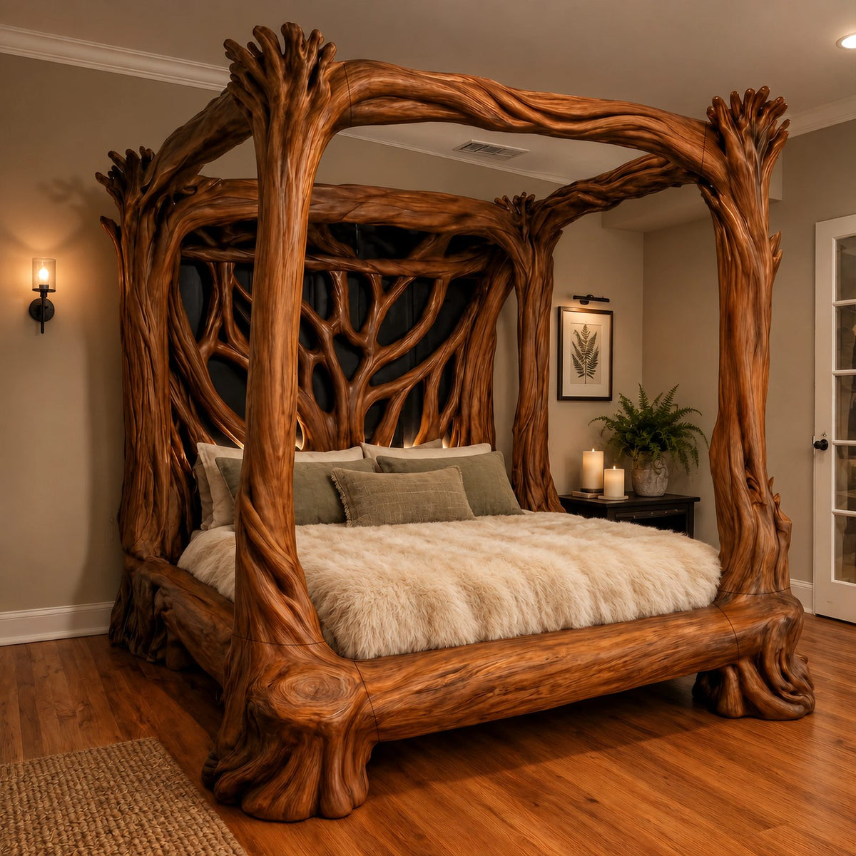 Handcrafted Tree Branch Canopy Bed With Carved Trunk Posts For Bedroom