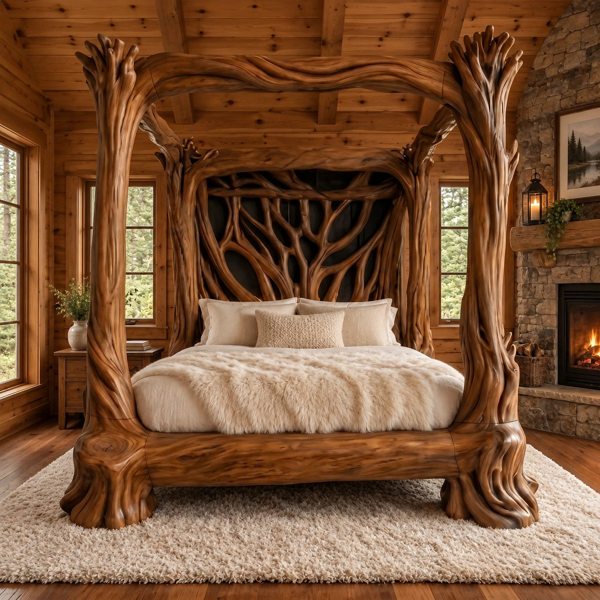 Handcrafted Tree Branch Canopy Bed With Carved Trunk Posts For Bedroom