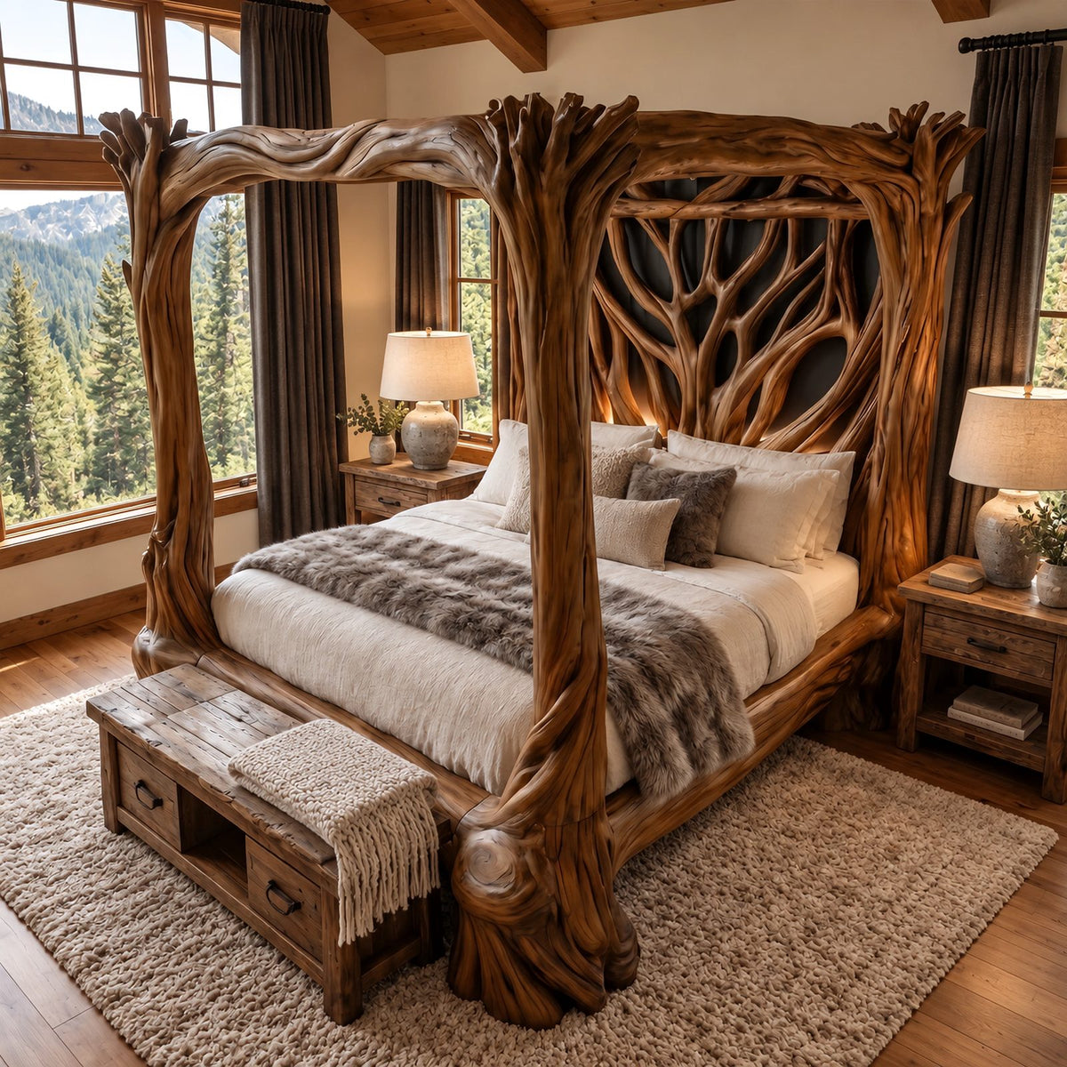 Handcrafted Tree Branch Canopy Bed With Carved Trunk Posts For Bedroom