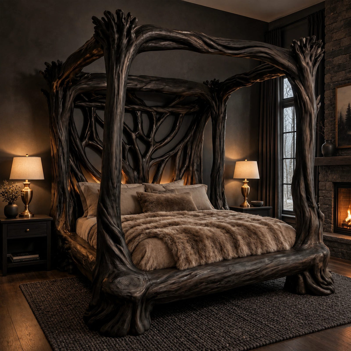 Handcrafted Tree Branch Canopy Bed With Carved Trunk Posts For Bedroom