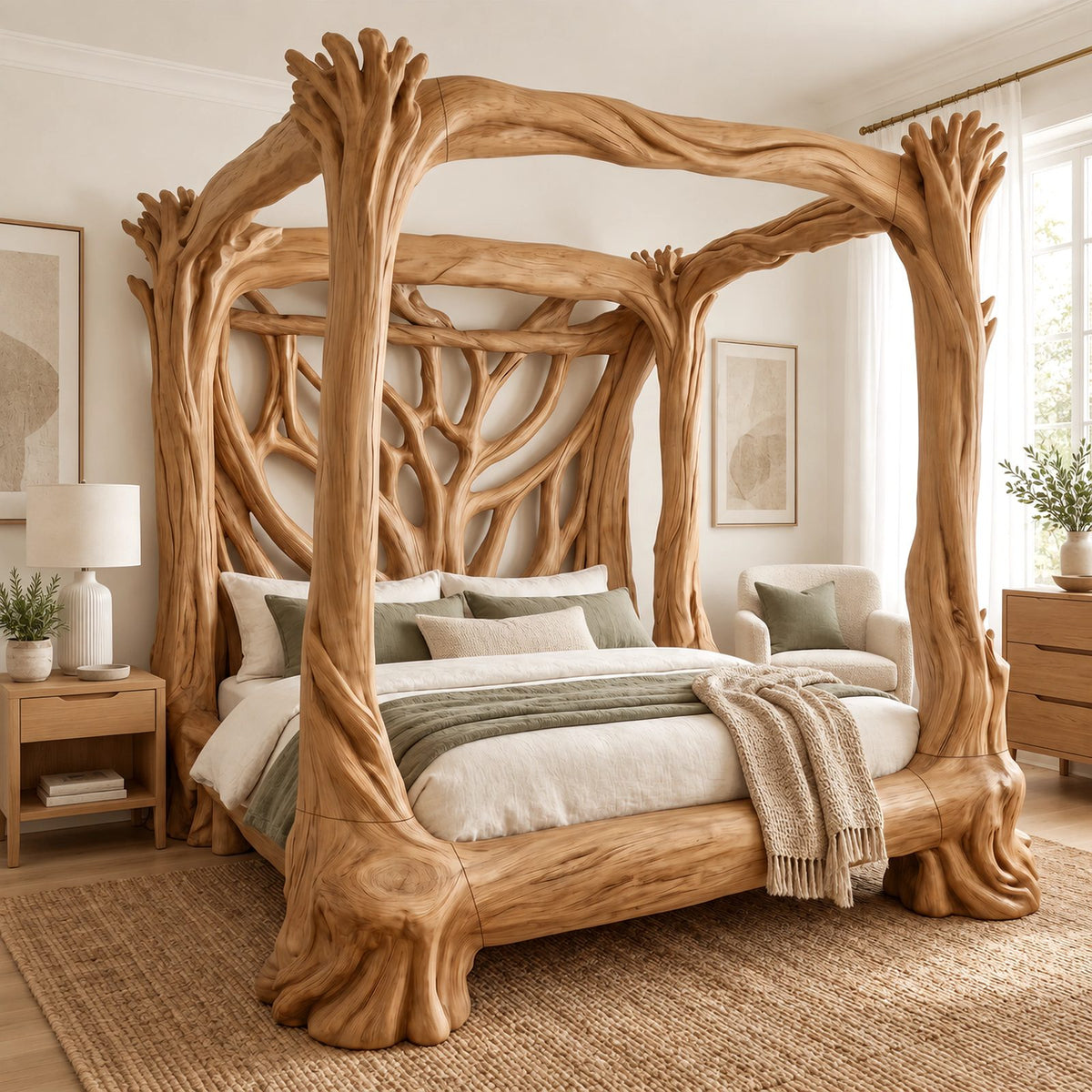 Handcrafted Tree Branch Canopy Bed With Carved Trunk Posts For Bedroom