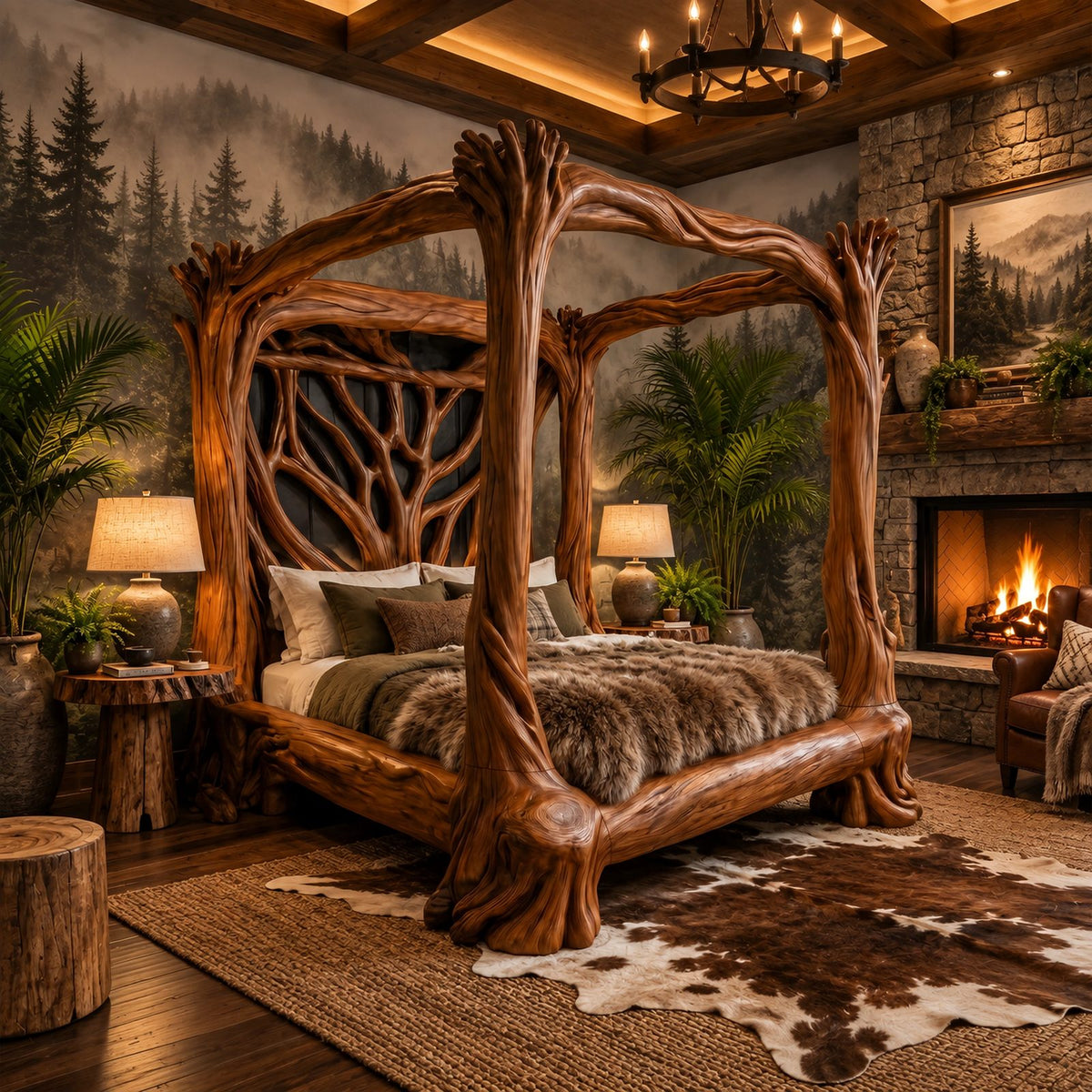 Handcrafted Tree Branch Canopy Bed With Carved Trunk Posts For Bedroom