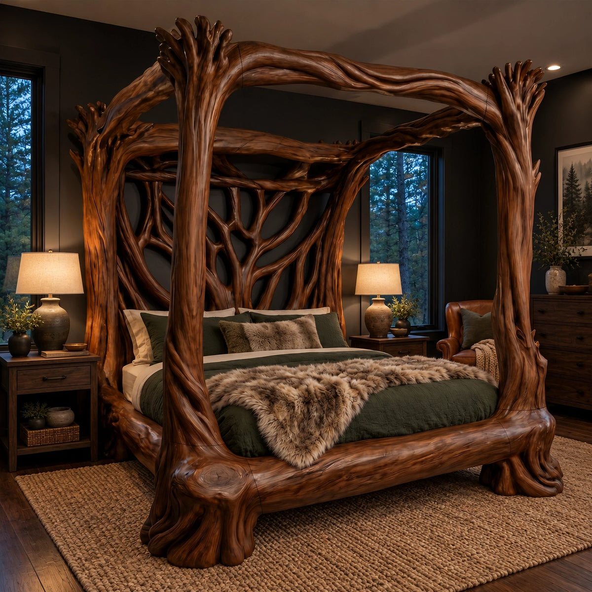 Handcrafted Tree Branch Canopy Bed With Carved Trunk Posts For Bedroom
