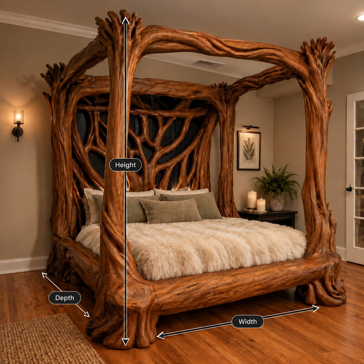 Handcrafted Tree Branch Canopy Bed With Carved Trunk Posts For Bedroom