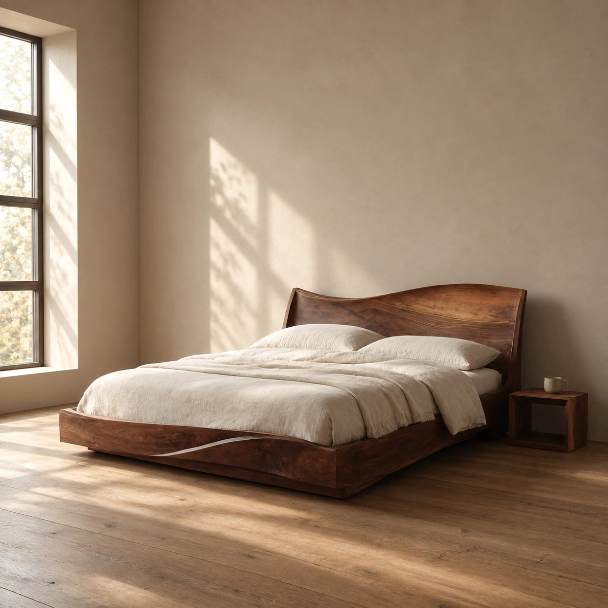 Modern Solid Wood Platform Bed With Wavy Rising Headboard For Bedroom