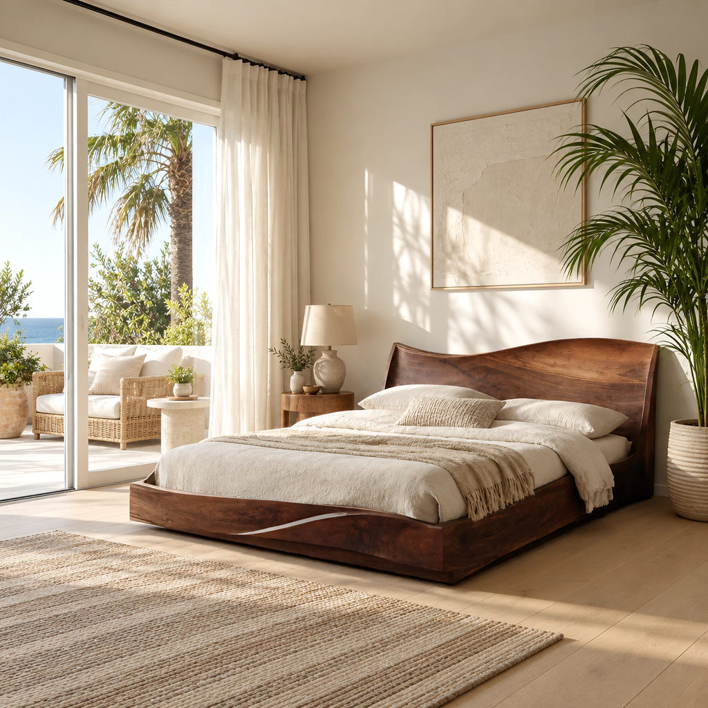 Modern Solid Wood Platform Bed With Wavy Rising Headboard For Bedroom