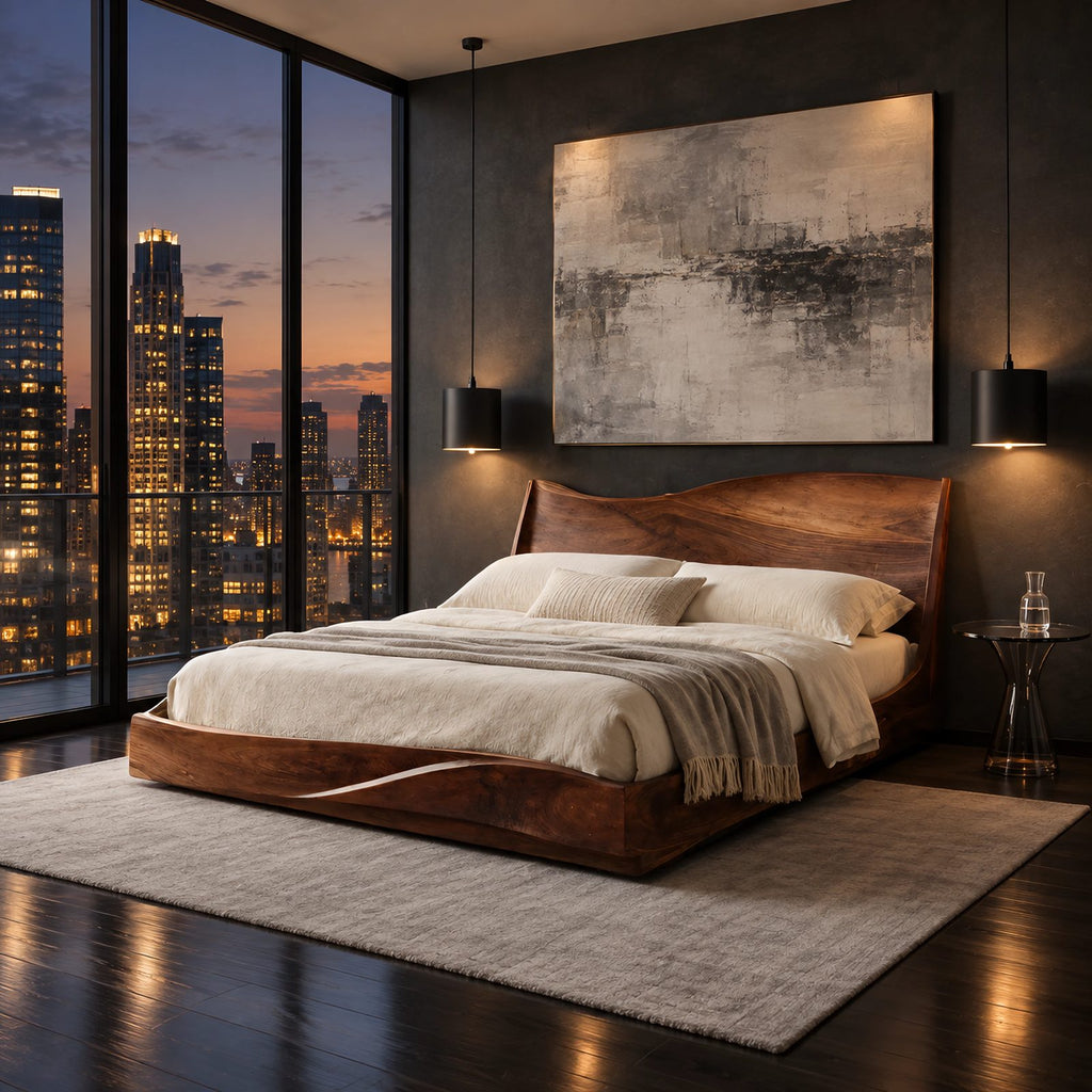 Modern Solid Wood Platform Bed With Wavy Rising Headboard For Bedroom