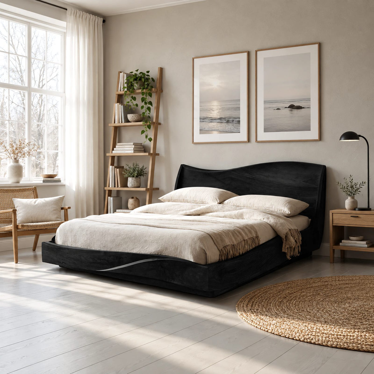 Modern Solid Wood Platform Bed With Wavy Rising Headboard For Bedroom