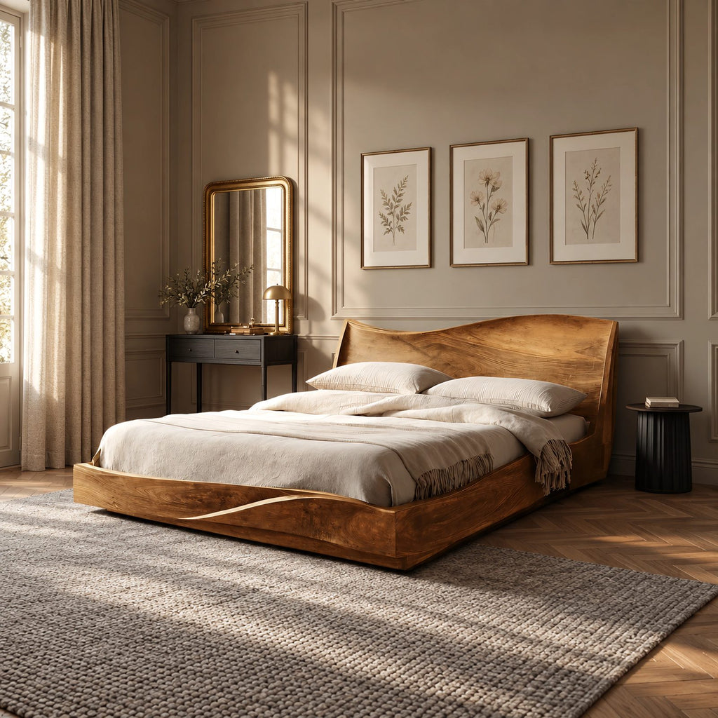 Modern Solid Wood Platform Bed With Wavy Rising Headboard For Bedroom