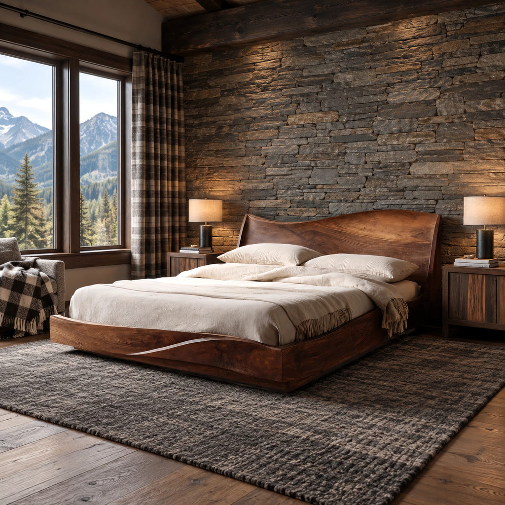 Modern Solid Wood Platform Bed With Wavy Rising Headboard For Bedroom