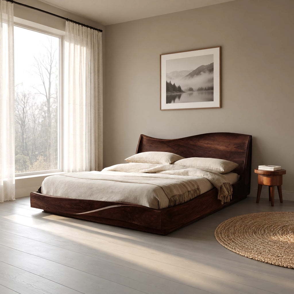 Modern Solid Wood Platform Bed With Wavy Rising Headboard For Bedroom