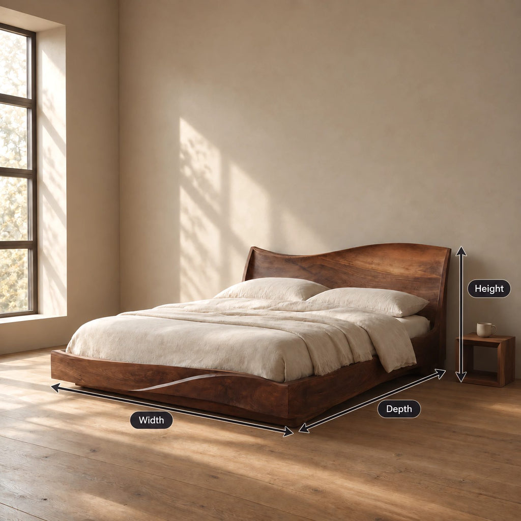 Modern Solid Wood Platform Bed With Wavy Rising Headboard For Bedroom