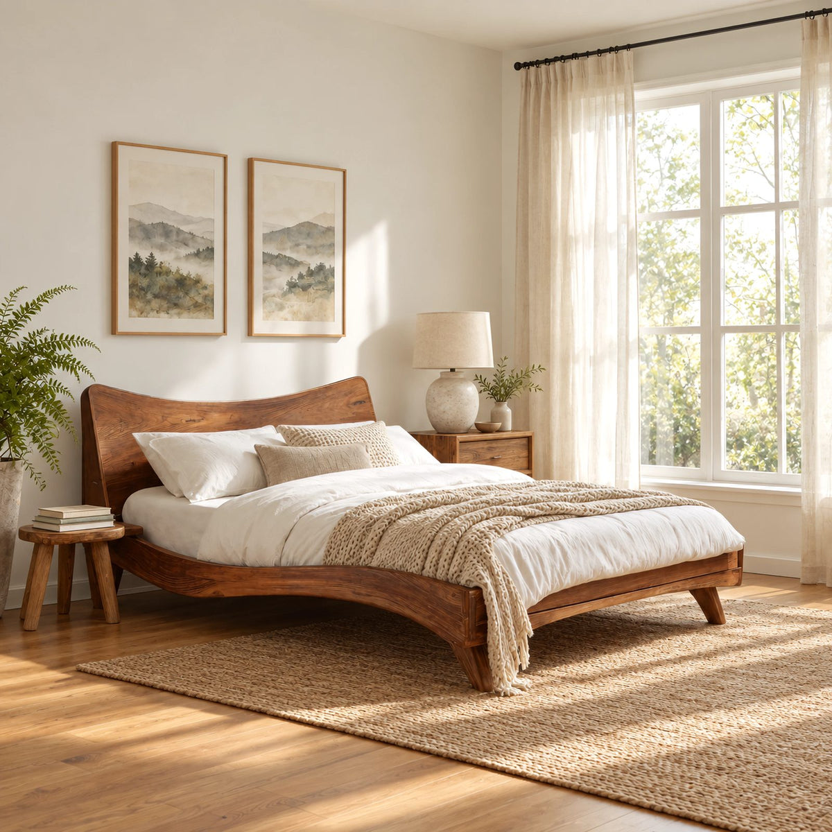 Mid Century Curved Wooden Bed Frame With Splayed Tapered Legs For Bedroom