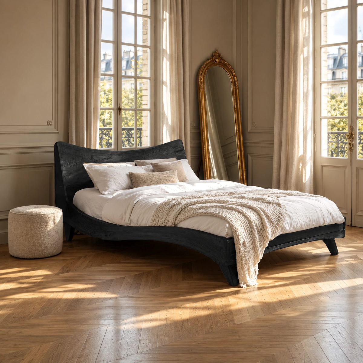 Mid Century Curved Wooden Bed Frame With Splayed Tapered Legs For Bedroom