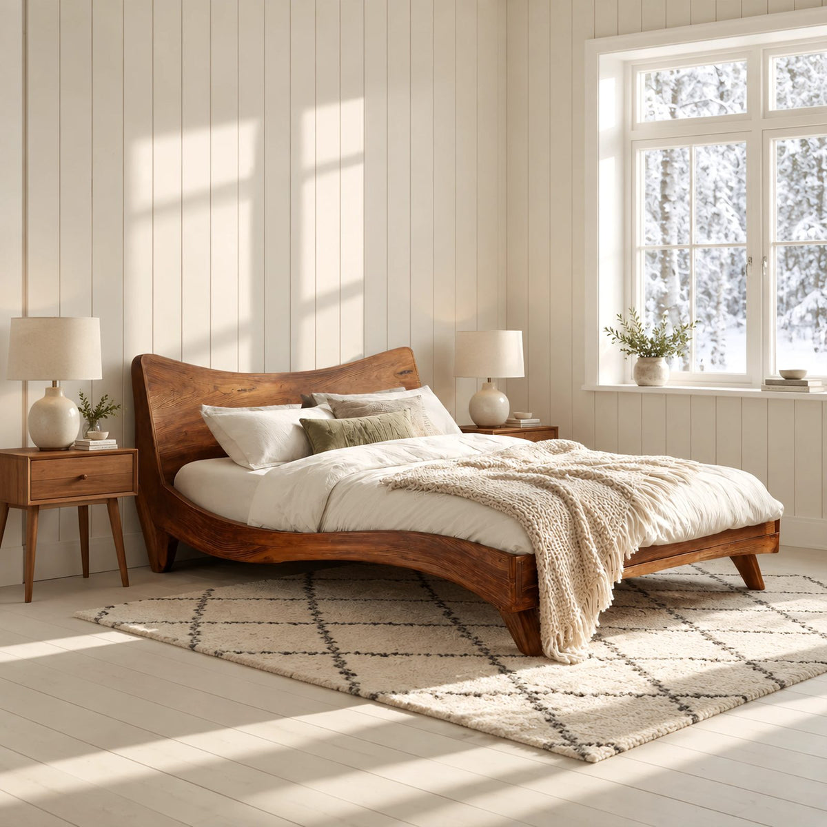 Mid Century Curved Wooden Bed Frame With Splayed Tapered Legs For Bedroom