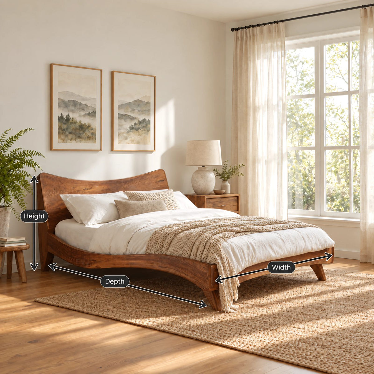 Mid Century Curved Wooden Bed Frame With Splayed Tapered Legs For Bedroom