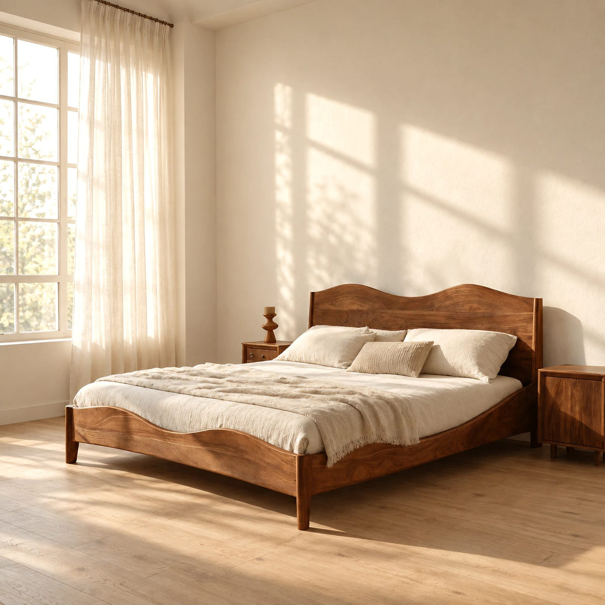 Farmhouse Wooden Bed Frame With Scalloped Headboard For Bedroom