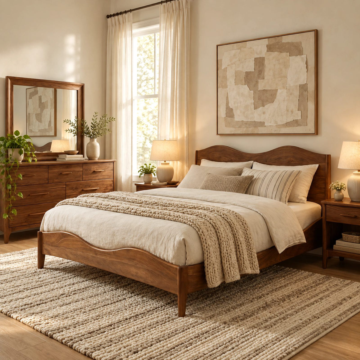 Farmhouse Wooden Bed Frame With Scalloped Headboard For Bedroom